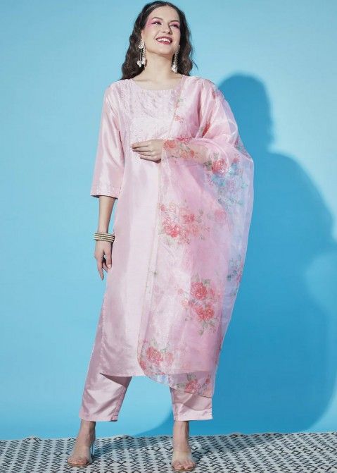 Pastel Pink Readymade Embroidered Pant Suit In Art Silk