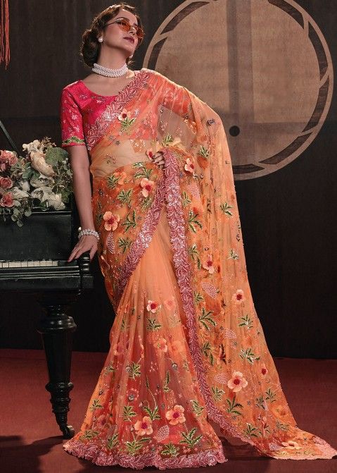 Orange Embroidered Net Saree & Blouse