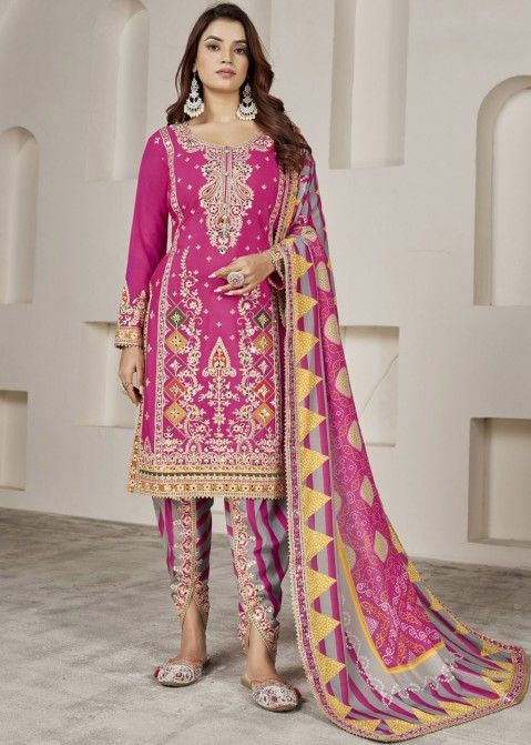 Pink Embroidered Suit Set In Chiffon