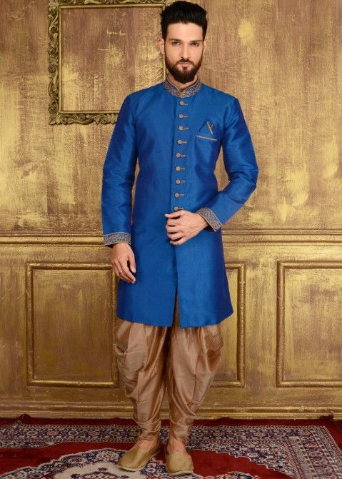 Indian Men Clothing: Buy Readymade Royal Blue Art Silk Sherwani for Men Online