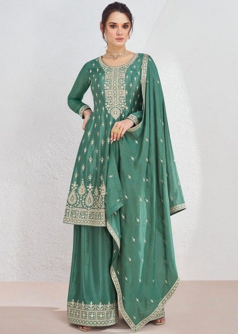 Jade Green Embroidered Readymade Chiffon Palazzo Suit In Flared Style