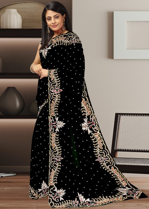 Black Saree Plain Simple Sari With Full Sleeve Blouse - Etsy Norway