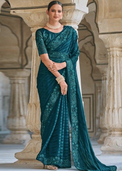 Teal Blue Chiffon Saree In Thread Embroidery
