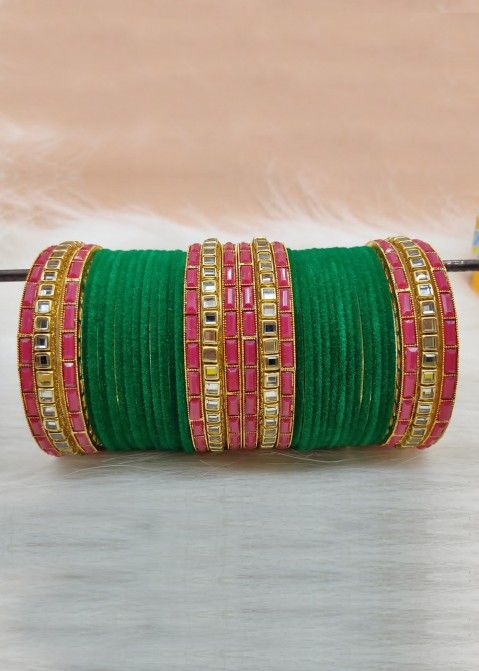 Green & Pink Stone Studded Bangel Set