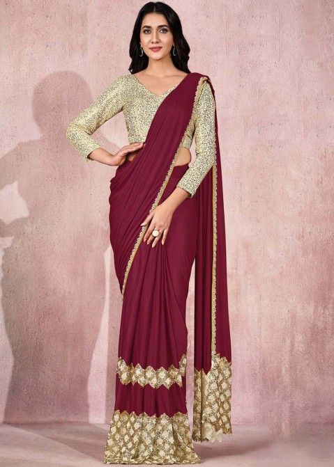 Readymade Maroon Saree With Sequins Work