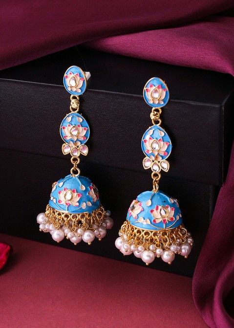 Blue Kundan Work Jhumka Earrings
