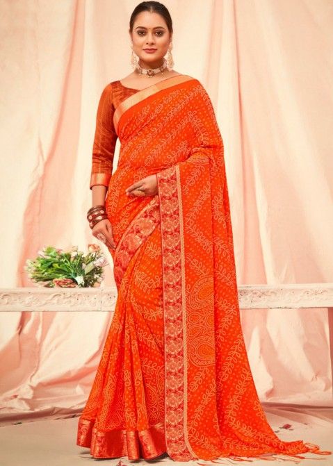 Orange Bandhej Printed Saree In Georgette