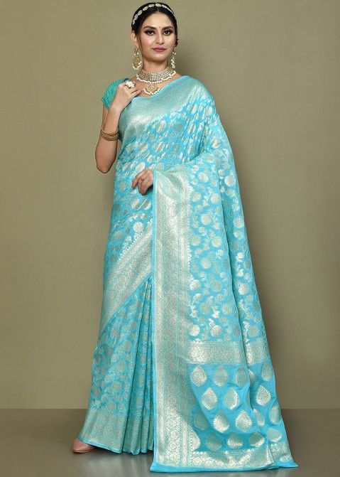 Turquoise Woven Saree In Georgette