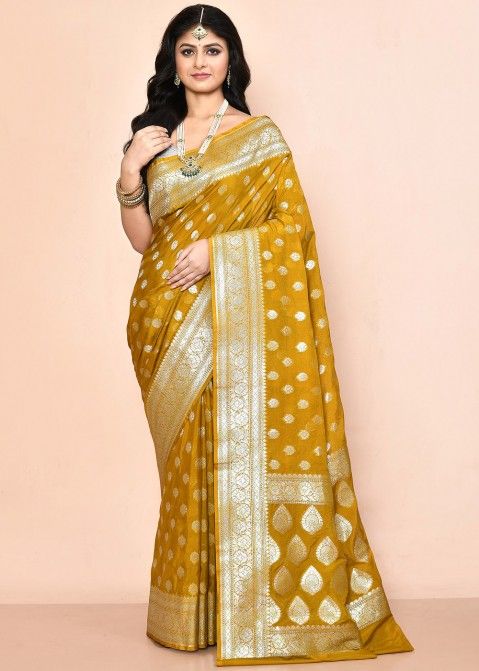 Yellow Woven Detailed Georgette Saree