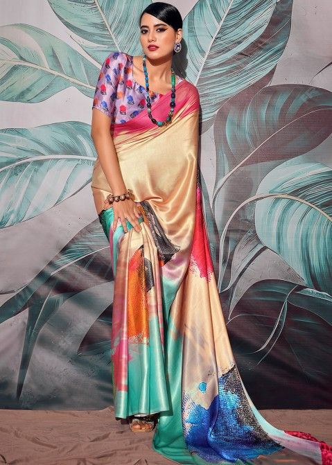Multicolor Abstract Printed Saree In Satin
