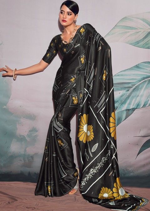 Black Abstract Printed Saree In Satin