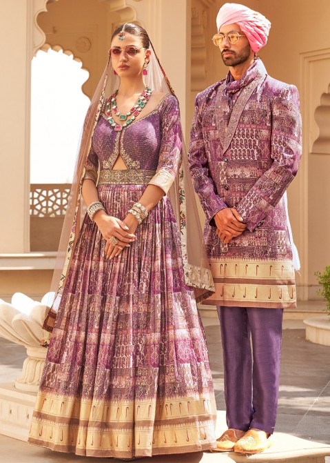 Purple Readymade Printed Couple Wear Set Twinning Collection 5685SL05