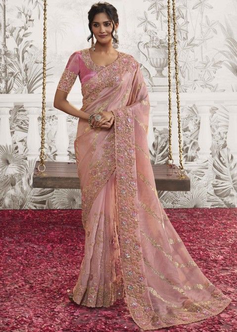 Light Pink Embroidered Pant Style Saree