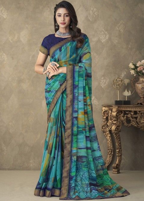 Blue Digital Printed Saree In Chiffon