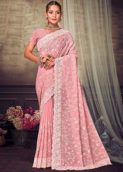 Shop Pink Art Silk Chikankari Saree Party Wear Online at Best Price |  Cbazaar