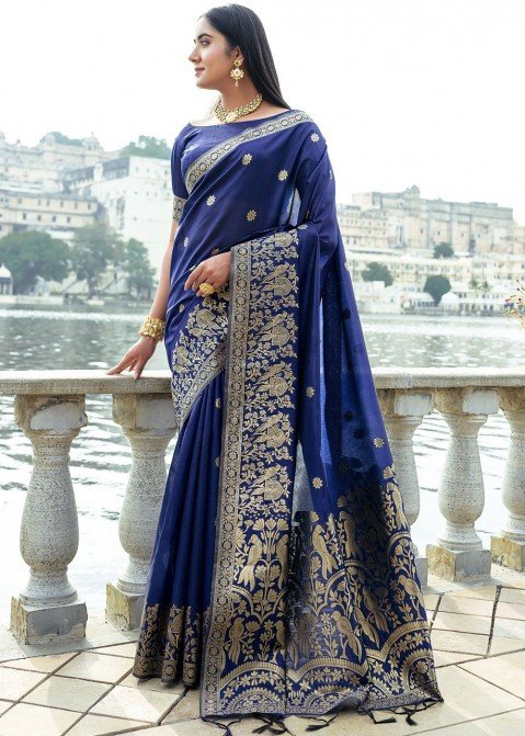 Navy blue woven art silk saree with blouse with belt
