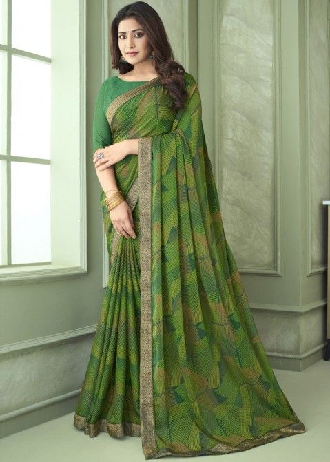 Green Chiffon Saree In Print