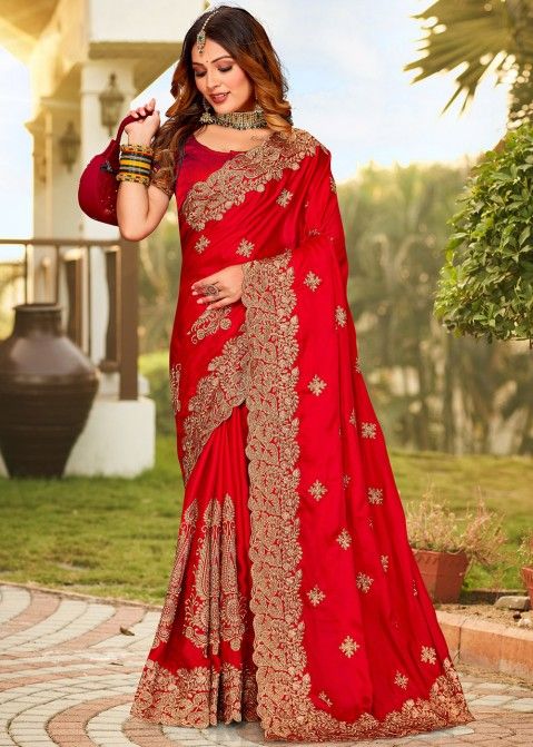 Red Embroidered Border Satin Saree