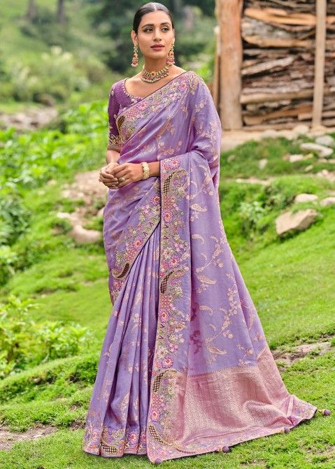 Purple Woven Art Silk Saree & Blouse