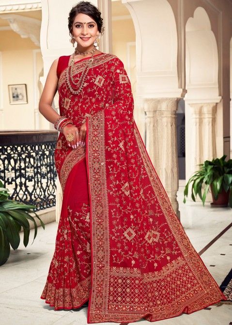 Red Embroidered Georgette Saree & Blouse