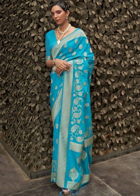 Blue Zari Woven Saree In Chiffon