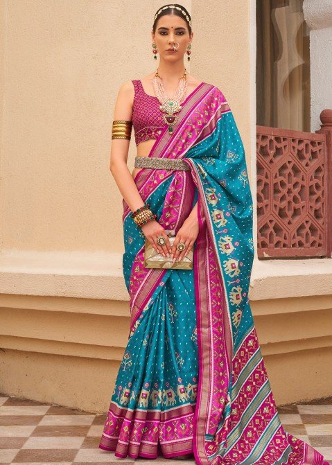 Pochampally ikkat blue with pink zari border handwoven pure silk saree