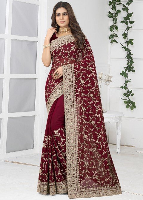Maroon Georgette Saree With Blouse 193798 | Georgette sarees, Saree, Blouse  piece