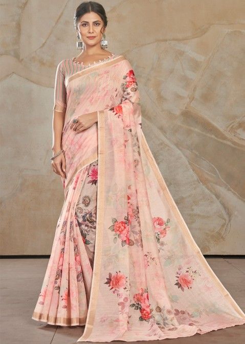 Ruchi Silks Women's Floral Printed Weightless cotton Saree With Unstitched  Blouse Piece & Lace Border