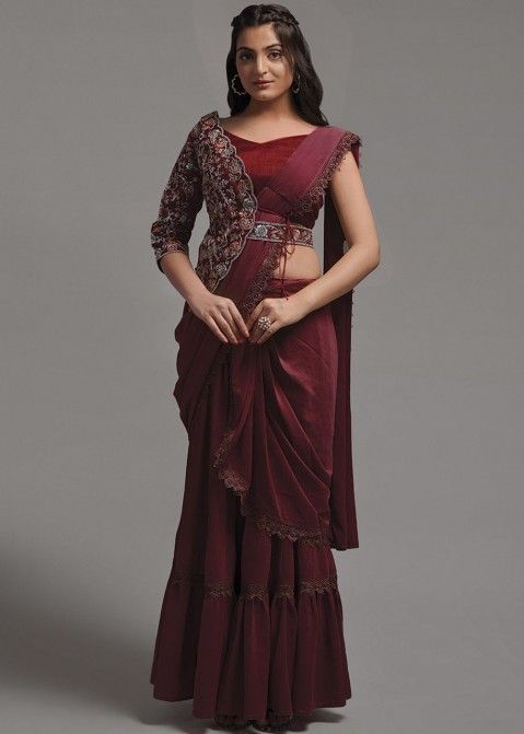 Red Cotton Satin Pre-Stitched Saree Set – Estie Couture