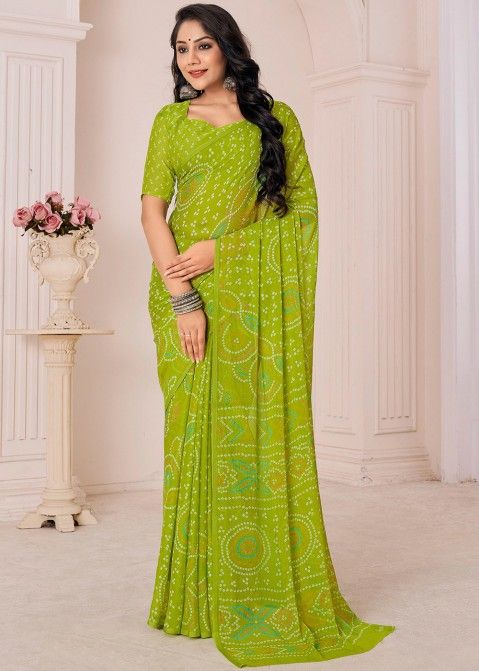 Green Bandhej Printed Saree In Chiffon