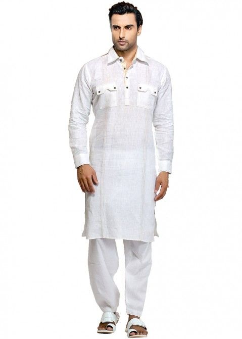Readymade White Cotton Pathani Suit