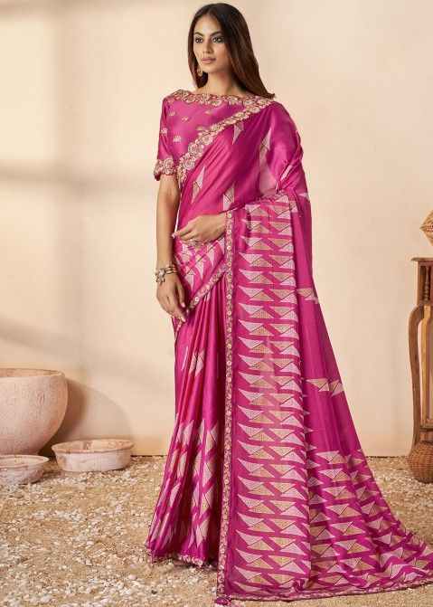 Pink Printed Art Silk Saree & Blouse