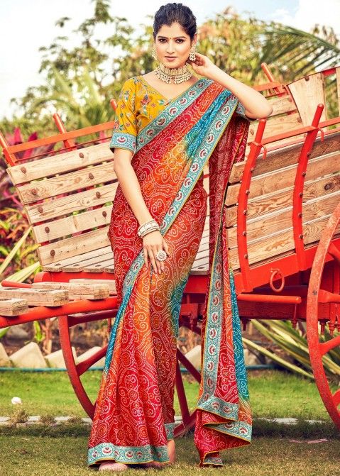 Multicolored Chiffon Saree In Bandhani Print