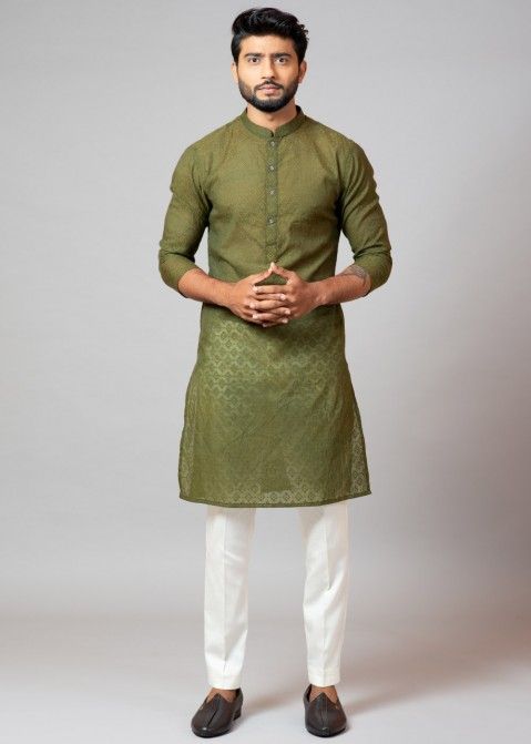 Men's Jacquard Kurta Pyjama Set (Heavy Quality) (Mehndi Color)Kurta Sets