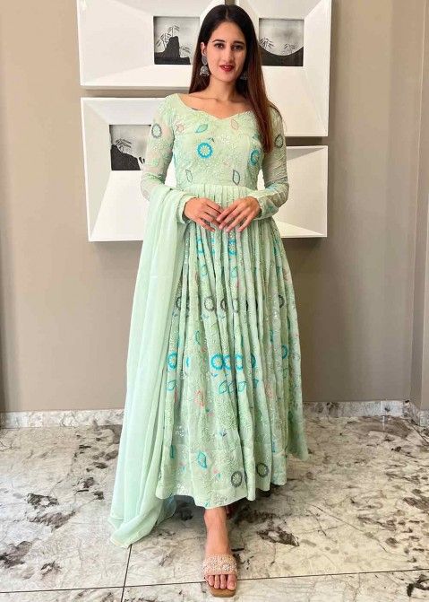 Seafoam Green Readymade Embroidered Anarkali Suit Set