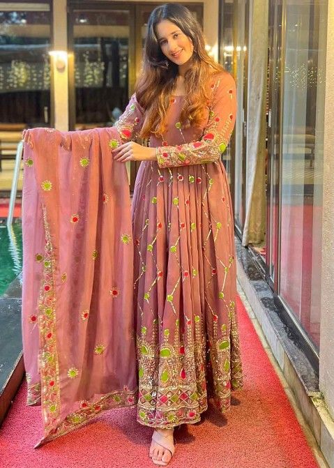 Mauve Pink Readymade Embroidered Anarkali Suit