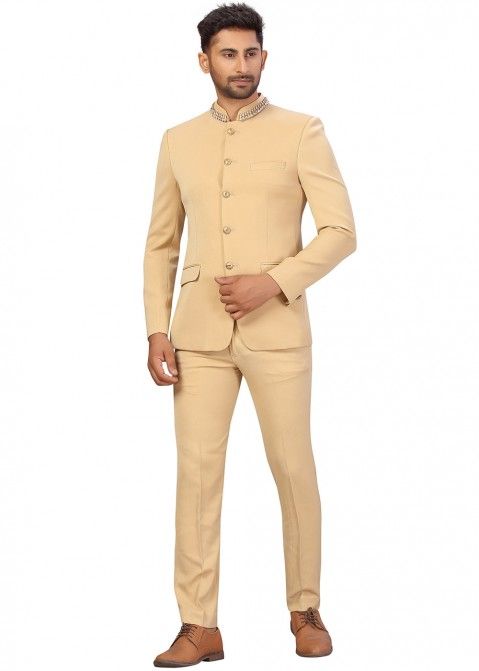 Contrast Trim Cotton Linen Jodhpuri Suit in Cream : MNB927