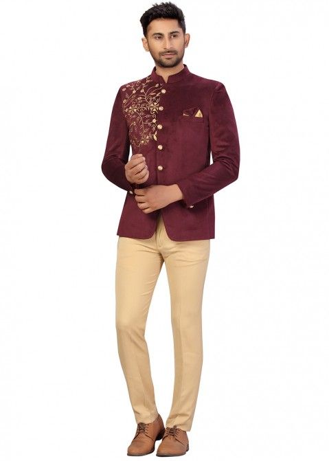 Maroon Embroidered Velvet Bandhgala Jodhpuri Suit