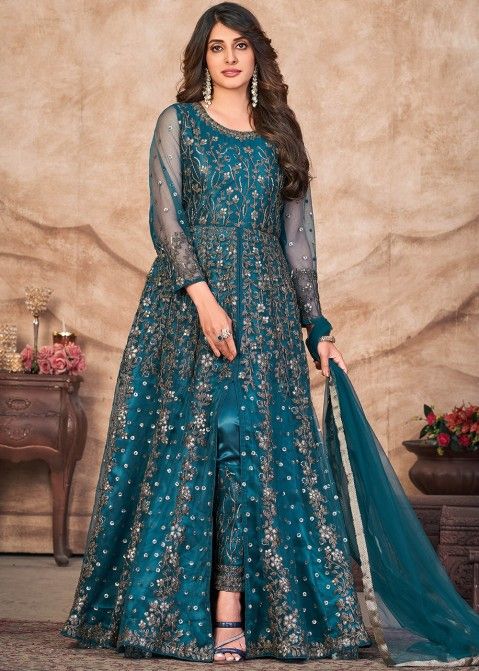 Teal Blue Embroidered Slitted Net Pant Suit Panash India USA