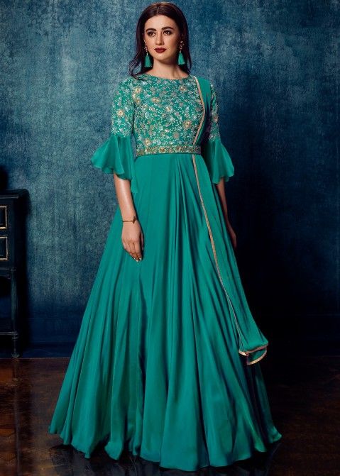 Blue Sequins Embroidered Readymade Festive Anarkali Suit