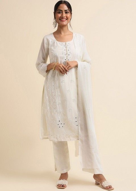 Indian White Net Trouser Suit In Pear Work ID3240 – ShreeFashionWear