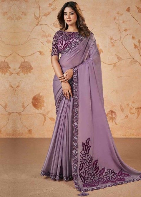 Purple Embroidered Saree In Satin