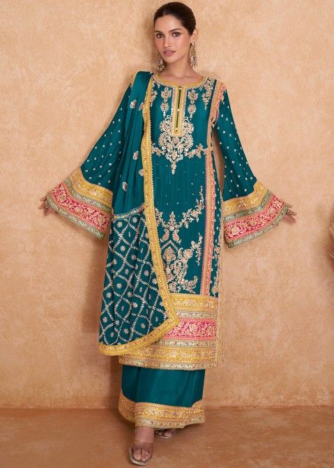 Teal Blue Embroidered Palazzo Suit & Dupatta