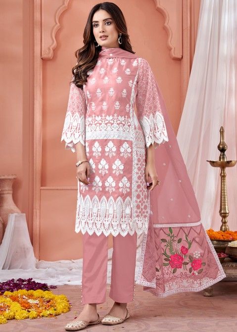 Pink Thread Embroidered Organza Pant Suit