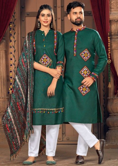 Readymade Green Embroidered Couple Wear For Navratri