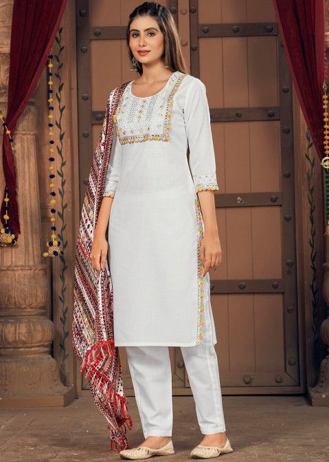 White Readymade Cotton Navratri Pant Suit