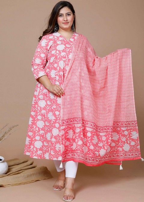 Pink Floral Printed Anarkali Style Suit In Cotton
