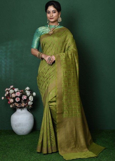 Green Zari Woven Saree In Art Silk