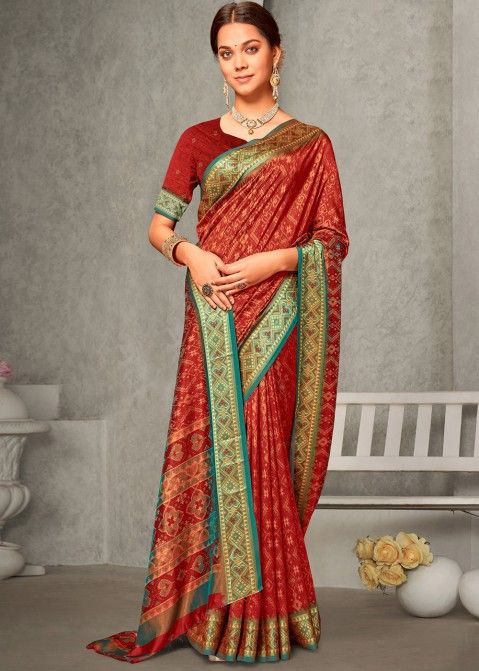Red Satin Silk Saree In Digital Print