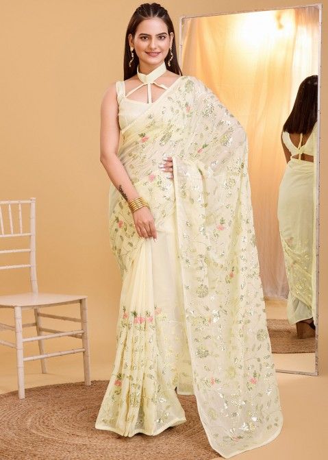 Yellow Embroidered Saree In Organza